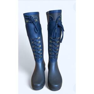 UGG Madelynn Navy Blue Tall Lace Up Rubber Leather Rain Boots Wellies Sz 7 Rare